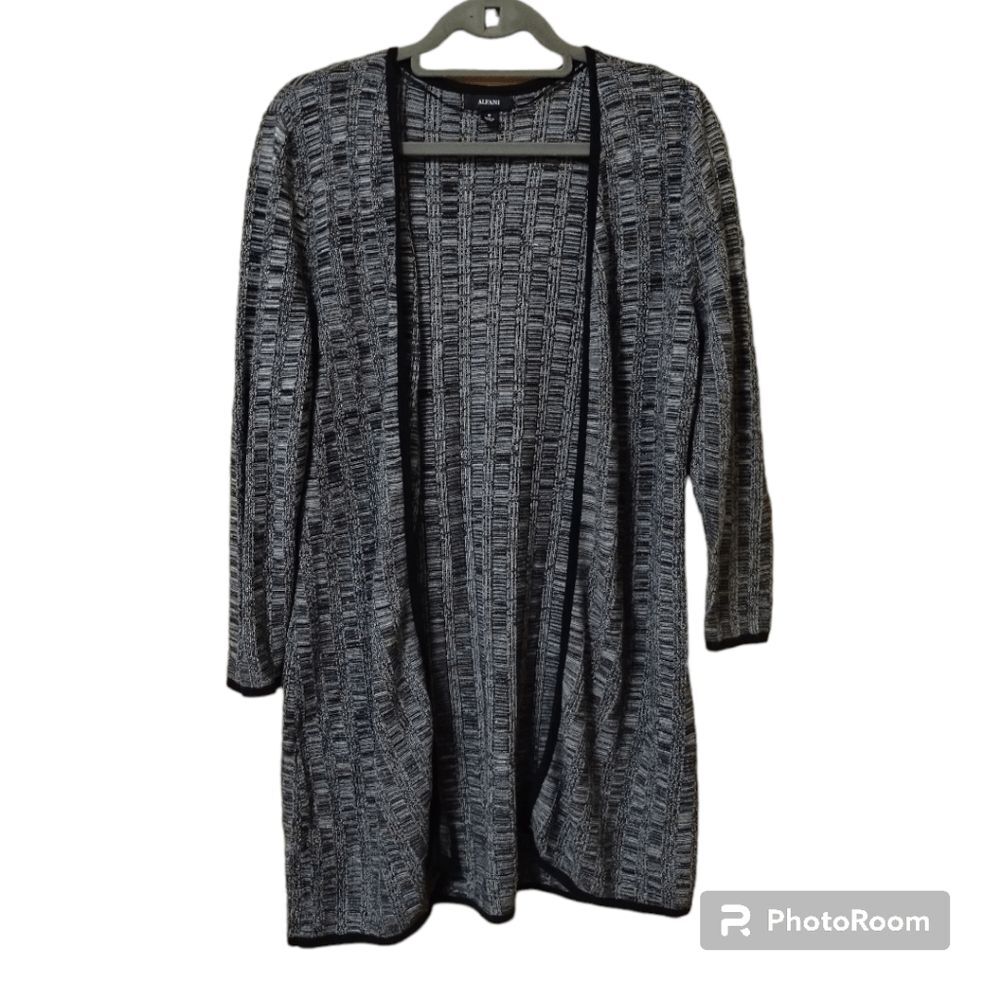 Alfani Gray Ribbed Open Front Cardigan Sweater Sz M Marbled Black Knit